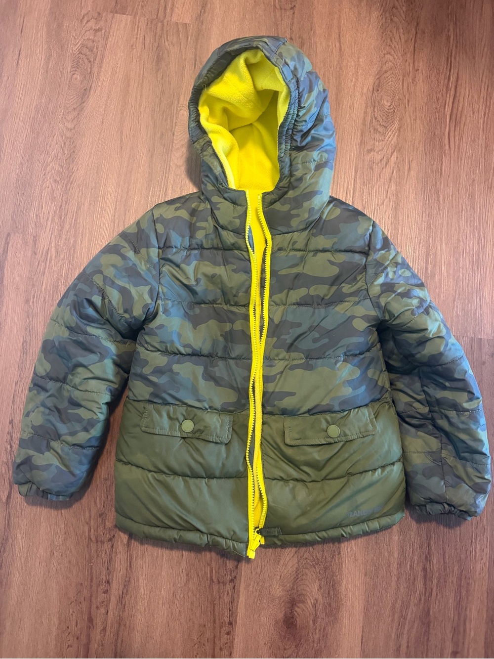Kids Olive Camo Puffer Jacket with Yellow Lining